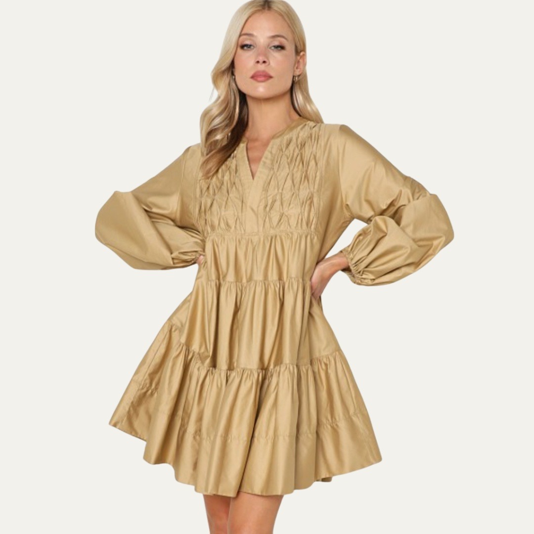 Devotion Twins Dress Leros Tan Smocked Tiered Cotton Mini Dress Xs